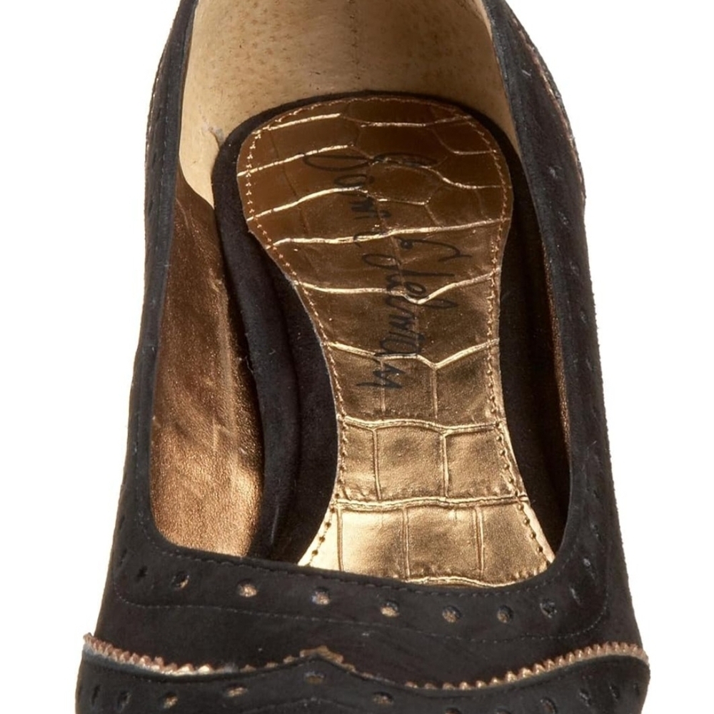 Sam Edelman Yvonne Brown Leather Kitten Heel suede upper with gold-trimmed - Picture 4 of 6
